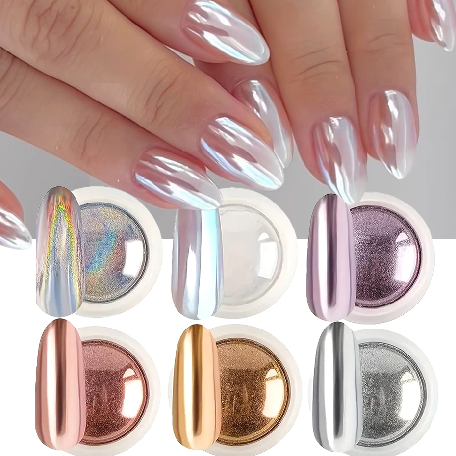 Nail Glitter Chrome - 6pcs Chrome Mirror White Nail Powder